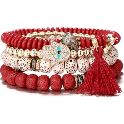 HuaTang 4pcs /set Bohemian Crystal Hand Tassel Bracelet Set for Women Adjustable Colorful Stone Beadeds Bracelets Bangle 6851