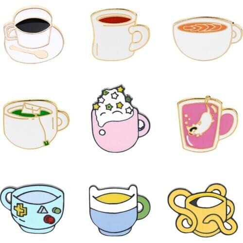 Cup Series Enamel Pins Cartoon Cappuccino Tea Coffee Game Cup Collection Brooches Bag Shirt Lapel Pin Badge Jewelry Gift for Kid