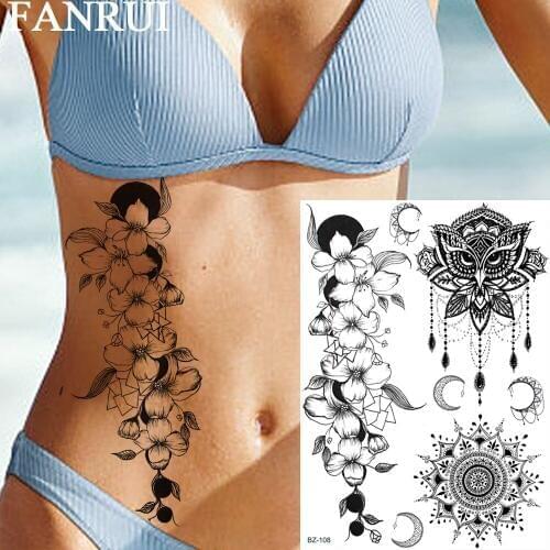 FANRUI Lily Rose Owl Temporary Tattoos Sticker Black Henna Fake Tatoos For Women Fashion Art Custom Tattoo Chians Pendant