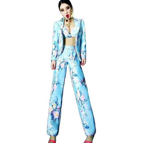 Long Sleeve Fashion Floral Print Women Bra Casual Pant Suits 3 Pieces Set Business Interview Outfit Model Show Catwalk Costumes