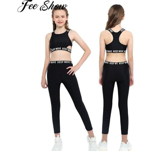 Summer 2Pcs Yoga Sets Tracksuits Running Gym Sport Suit Kids Girls Sleeveless Racer Back Tank Top Elastic Waist Pants Sportswear