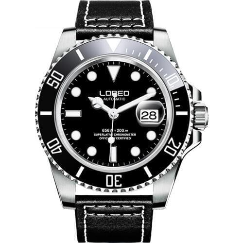 LOREO Mens Sport Luminous Rotatable Bezel 200M Waterproof Automatic Self Wind Mechanical Wrist Watches - Single Calendar Leather