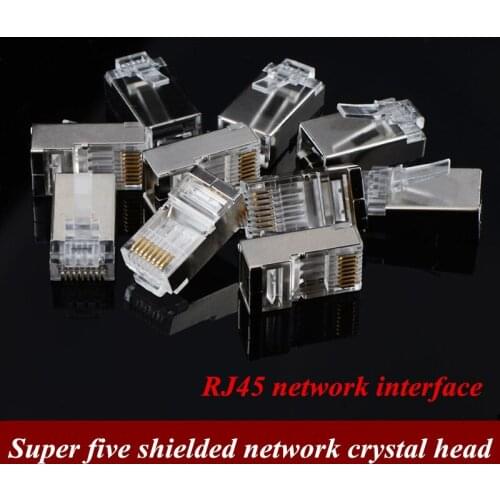 Category 5 crystal plug shielded network cable crystal plug 8-core 100M RJ45 connector cat6 metal network interface 100pcs