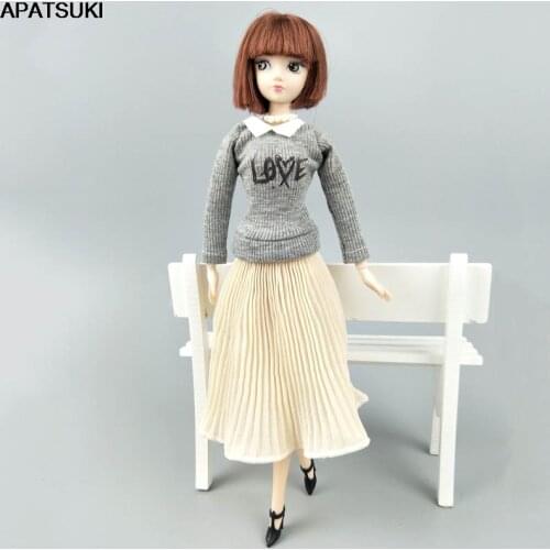 Fashion Doll Clothes For Barbie Dolls Gray Love Top Blouses Chiffon Pleated Midi Skirt Clothes 1/6 Dolls Accessories Kids Toy