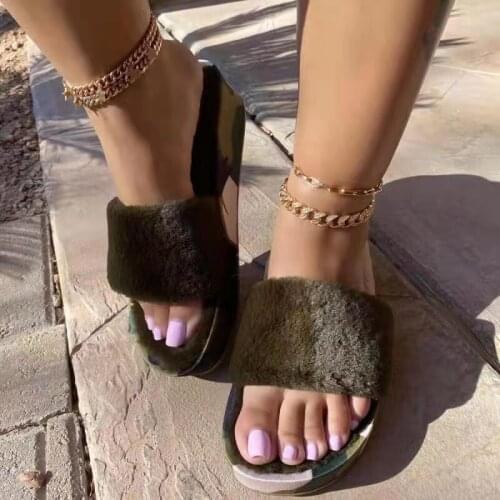 Fashion Plush Slippers Open Toe Camouflage Summer Sandals Mid Heel Outdoor Casual Womens Shoes Plus Size 43