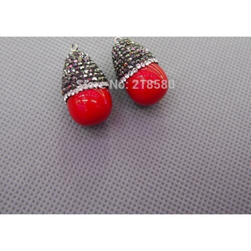 MU150907887 Pave CZ Shell Pearl Charm Pendant Red Pearl Teardrop Pendant