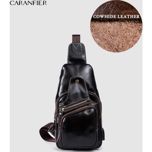 CARANFIER Mens Chest Bags Shoulder Messenger Bags Genuine Cowhide Leather Casual Zipper Soft Male Classic Small Solid Travel Bag