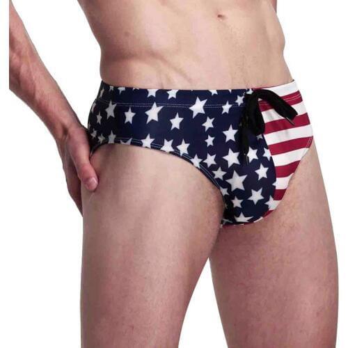 Mens Swimwear Shorts American Flag Print Bikini Triangle Trunks Elastic Drawstring Waist Sexy Comfy Beach Briefs Holiday Shorts