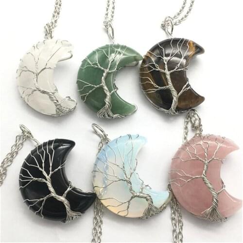 Natural Mixed Crystal Moon Shape Handmade Pendant Crystals Healing Stones Gemstone Necklace For Gifts
