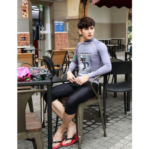 2016 New Gray Print Rash Guard Swimwear Men Plus Size Beach Rashguard Surf Diving Shirts Man Long Sleeve Sun-Protective Clothing