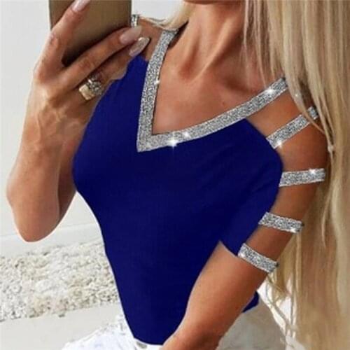 Harajuku Solid Color Dreep V-neck Women T-shirt Sequined Patchwork Hollow Out Sexy Ladies Tops Sexy Autumn Minimalist Tops