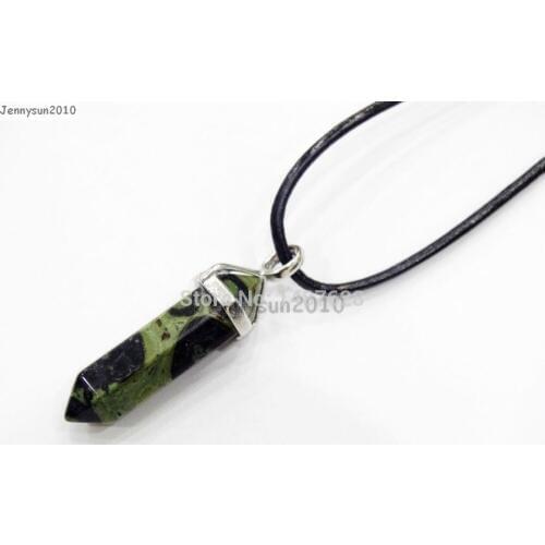 Natural Rhyolite Gems Stones Hexagonal Pointed Healing Reiki Chakra Pendant Black Real Leather Cord Necklace18''lnch 5 Sets/Pack