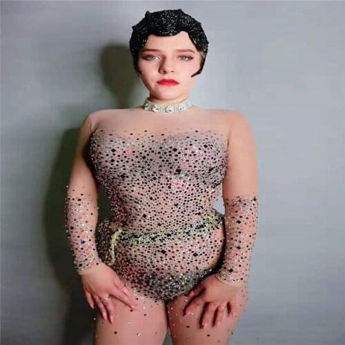 Y99 Sexy mesh rhinestone bodysuit Perspective jumpsuit singer diamonds outfits stretch stage costume party wears dance show club