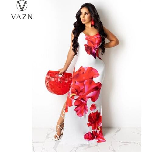 VAZN 2021 Top Quality Vintage Floral Print Maxi Sleeveless Dress Pleated Chic Ladies Slim Elegant Female Sweet Young Women Dress