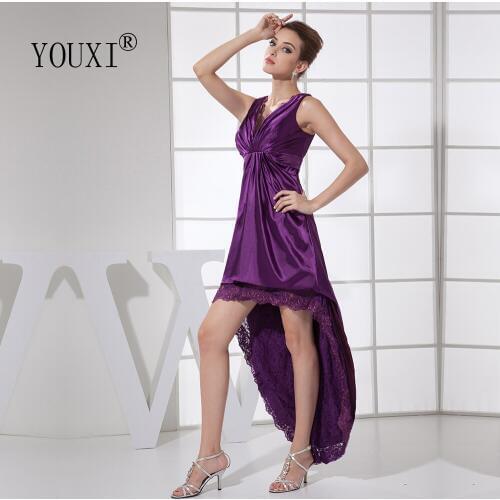 High Low Prom Dresses Sexy V Neck Grape Purple Elastic Satin and Lace Pleated Hi-lo Cocktail vestidos de gala