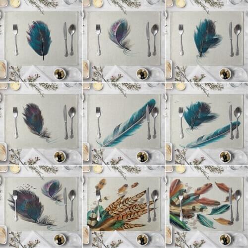 Colorful Feather Pattern Kitchen Placemat Coaster Dining Table Mats Cotton Linen Pad Bowl Cup Mat Home Decor