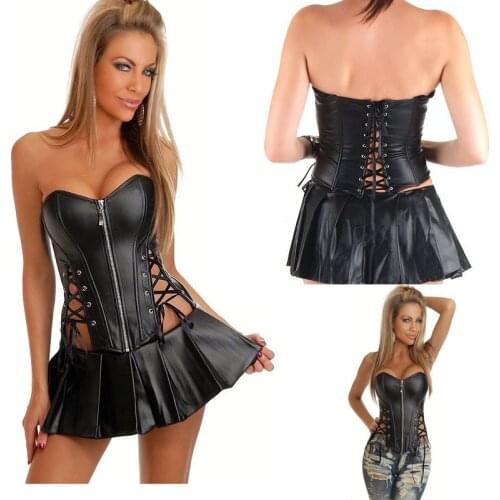 S-6XL Plus Size Lingerie Bustier Fetish Faux Leather Corset & Mini Skirt +G string Slimming Body Shaper Overbust Zipper Corset
