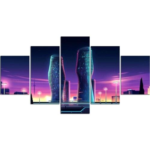 Modern Building Future City 5 Panel Canvas Picture Print Wall Art Canvas Painting Wall Decor for Living Room Poster No Framed