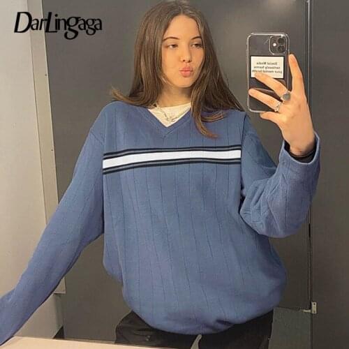 Darlingaga V Neck Stripe Oversized Knitted Sweater Women 2020 Casual Preppy Style Pullovers Y2K Korean Autumn Sweaters Knitwear