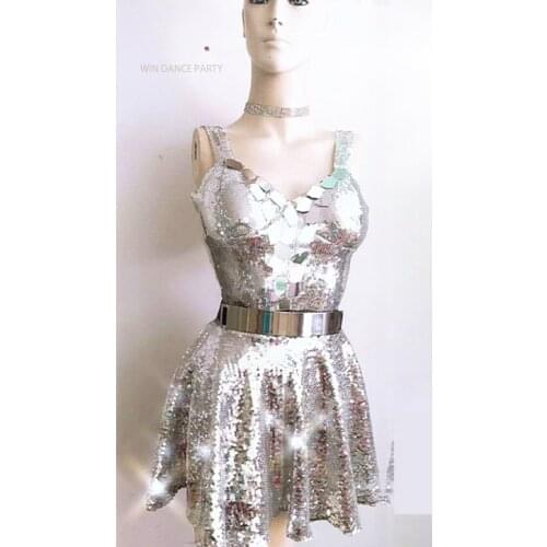 Dancing competitionBar Jazz Dance Costume Slip Dress Bacheloret Party Sparkling Belt Singer Sexy Sequined Sliver outfits
