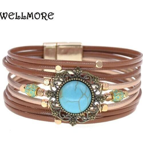 WELLMORE bohemia charm leather bracelets for women 2020 Fashion simple stone Multilayer Wrap Bracelet Female Jewelry wholesale