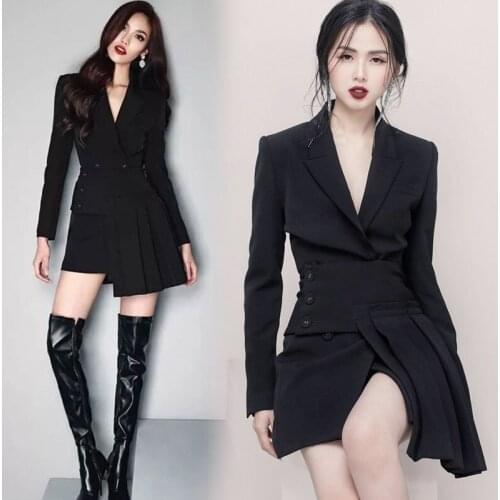 Women Irregular Pleated Runway Designer Skirt Sets Ladies Black Double Breasted Blazer Coat