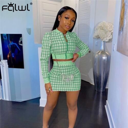FQLWL Plaid Neon Green 2 Two Piece Set Outfits For Women Zipper Bodycon Long Sleeve Crop Top and Skirt Set Women Matching Sets
