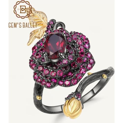GEMS BALLET 1.00Ct Natural Rhodolite Garnet Rose Flower Open Ring 925 Sterling Silver Handmade Adjustable Ring for Women Bijoux