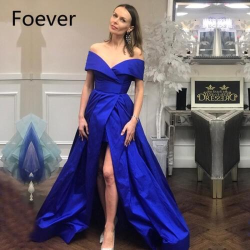 New Arrival Off the shoulder Royal Blue Long evening dresses 2019 V Neck Sexy Slit side Simple Formal dress abiye robe de soiree