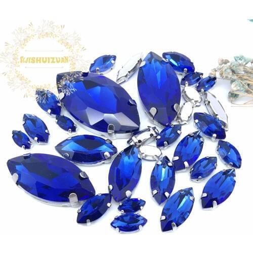 Popular!MIX Sapphire blue Horse eye Size Crystal Glass Sew-on Rhinestones Silver Bottom DIY Womens Dresses and shoes 30pcs