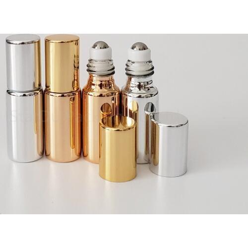 50pcs/lot 5ml gold/silvery roll on perfume bottle, 5cc essential oil rollon bottles, pearly-lustre glass roller container