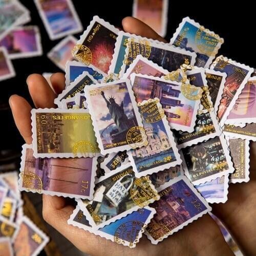 60pcs/bag Vintage Bronzing Travel Stamp Journal Decorative Washi Stickers Scrapbooking Stick Label Diary Album Stickers