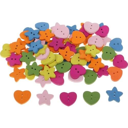 20g Love Heart & Star Wood Button 2 Hole Mixed Color Apparel Sewing DIY Gift