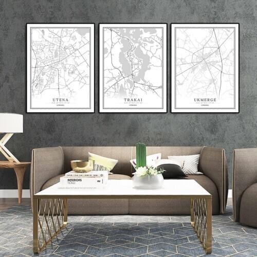 Lithuania Black White World City Map Poster Nordic Living Room Vilnius ROKISKIS Wall Art Pictures Home Decor Canvas Painting