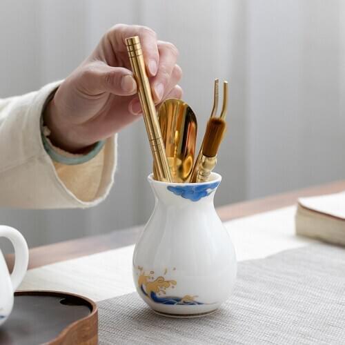 Copper Tea Ceremony Six Gentlemen Set Ceramic White Jade Porcelain Kung Fu Tea Set Tea Clip Tea Pen Tea Spoon tea set siteel