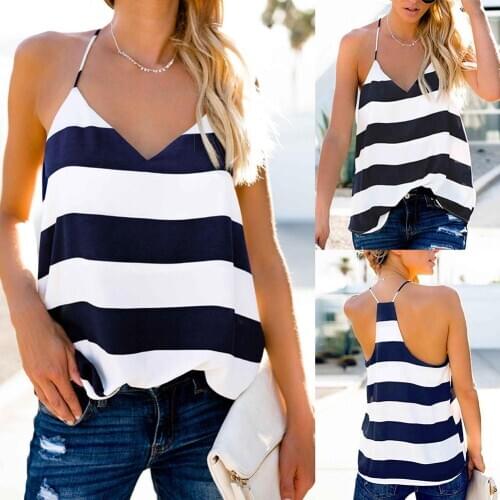 Fashion Summer Women Sexy V Neck Stripe Sleeveless Spaghetti T-shirt Blouse Top