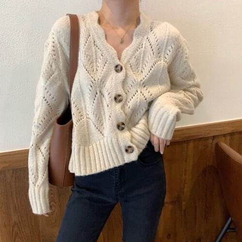 Fashion Women Cardigans Sweater New Autumn V Neck Single Breasted Loose Hollow Out Sweater Sweet Long Sleeve Knitting Top AA5528