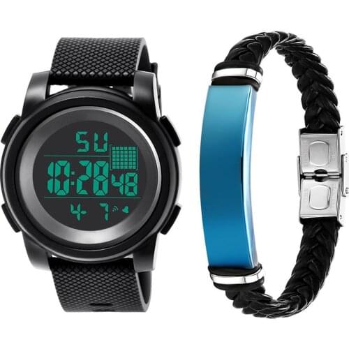 2Pcs Men Sports Watches Waterproof Electronic Digital Luminous Wrist Watch + Bracelet Multifunction Smart Watch For Mens Gift