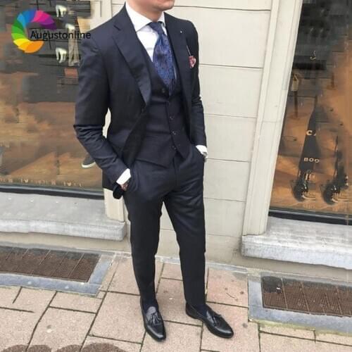 2019 Slim Fit Black Business Men Suits For Wedding Bridegroom Groom Costume Prom Casual Tuxedo Best Man Blazer Traje Hombre 3Pcs