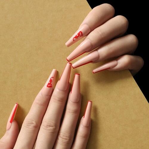 Stick on nails with design Red bordered dragon shape depicting fake nail patch, long coffin, European and American ballet armor