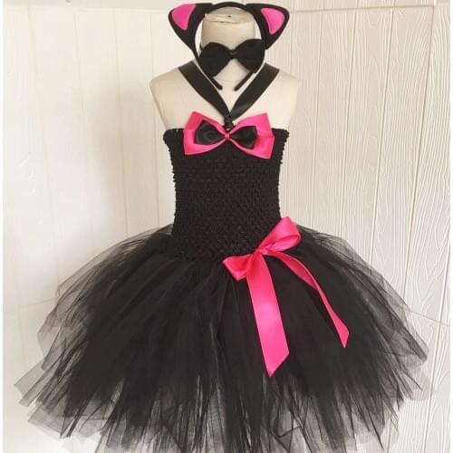 2021 New Halloween Costumes for Girls Children Cute Black Cat Tutu Dress Birthday Party Cosplay Clothes Ball Gown