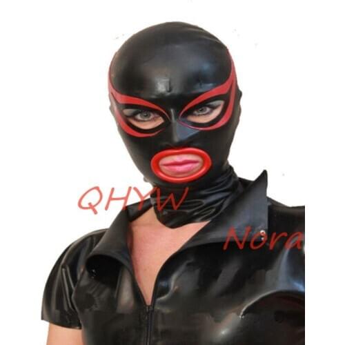 Sexy Design Full Face Handmade Latex Hood Open Eye and Mouth with Red Circle Fetish Customize Size Anime Cosplay Costumes