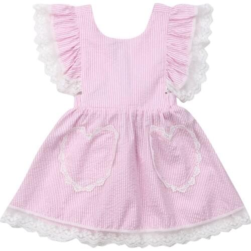 6M-5T Lovely Toddler Kids Baby Girls Ruffle Sleeve Striped Dress Lace Trims Tutu Dress with Pockets Sundress Knee Length