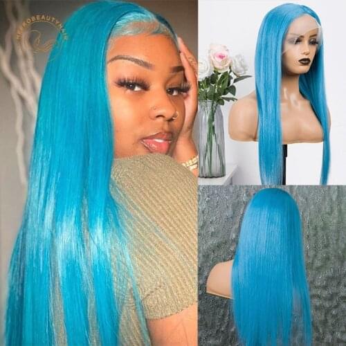 Transparent Lace Frontal Wigs Light Blue Straight 13X4 Lace Front Wig Full Density Colored Human Hair Wigs With Baby Hair