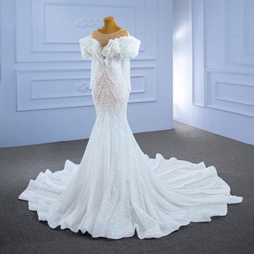 Sexy Mermaid V-neck Wedding Dress Transparent Lace 2021 Puffy Long Sleeve Frill Pearl Beaded Gowns Robe De Soiree De Mariage
