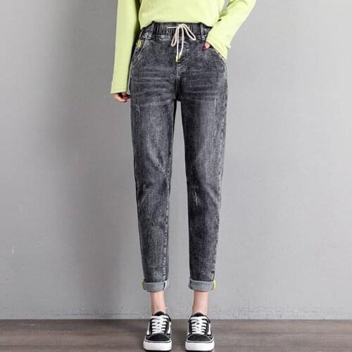 Loose Plus Size Drawstring Ripped Harem Jeans Women Vintage Stretch High Waist Denim Trousers New Pocket Casual Daddy Pants 34