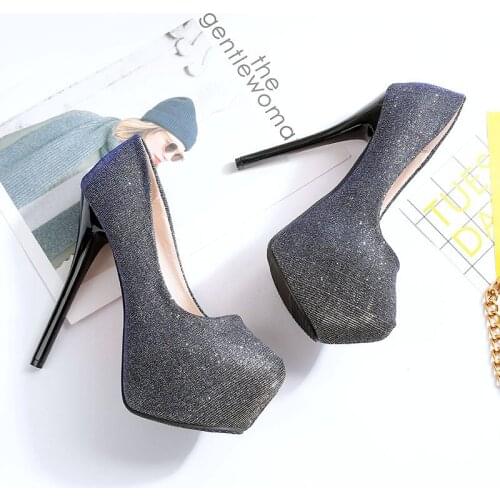 14CM Thin High heels Shoes Women Sequined Cloth Slip On Round Toe Bling waterproof Shallow Dress Party Wedding women shoes 2020