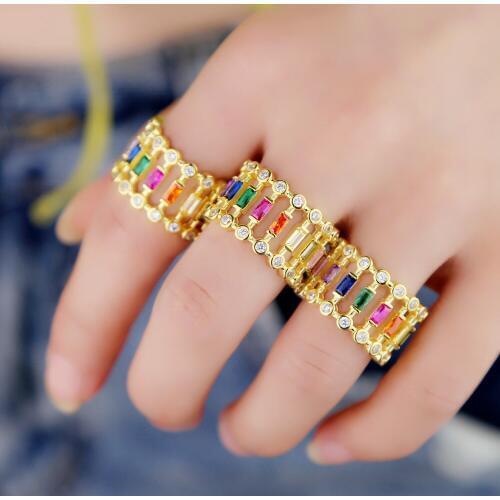 High Grade gold filled Jewelry Fashion Hollow Wide Ring Micro Inlay rainbow baguette CZ Zircon for Women Wedding anniversary