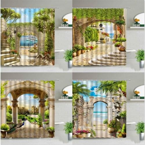 Retro Architecture Flower Ocean Scenery Shower Curtains Plant Landscape Background Wall Decor Waterproof Bathroom Curtain Set