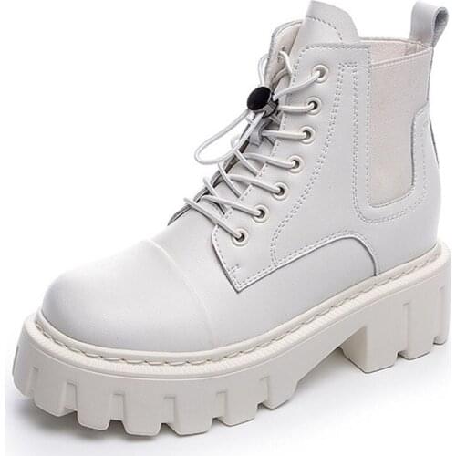 Koznoy 2021 Genuine Leather Women Boots Motorcycle Black White Leather Boots Platform Thick Heel Booties Shoes Sopring Autumn